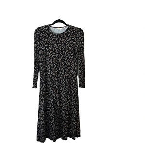 Boden Long Sleeve Dress Floral Black Fall Jersey 8P Petite Stretch  Crew Neck